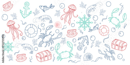 Hand-drawn nautical illustration set with crabs, fish, jellyfish, anchors and seashells