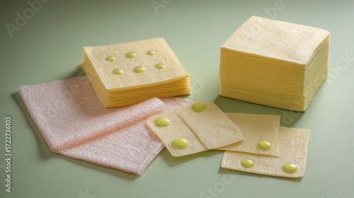 Yellow Cleaning Cloths and Sponges on Light Green Surface Display