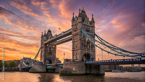 London at sunrise, showcasing a vibrant cityscape with a clear blue sky.