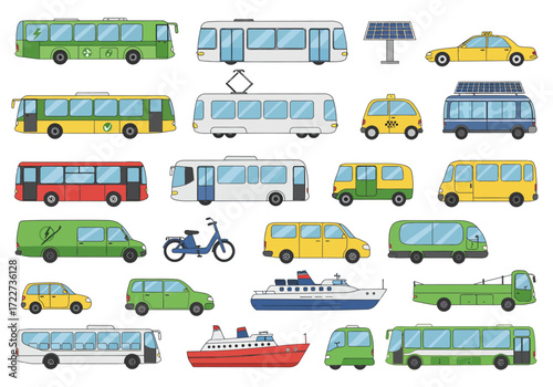 A collection of diverse pixelated environmentallyfriendly vehicles including buses trams taxis cars and boats