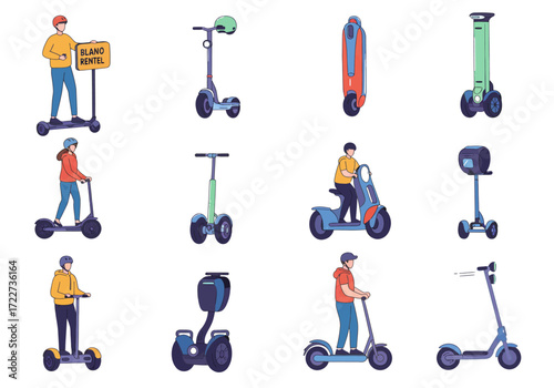 A collection of diverse scooters  personal transporters are displayed in a grid