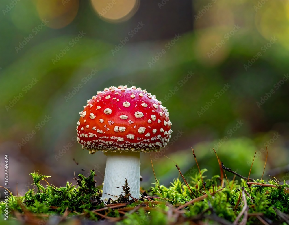 Obraz premium Close-up of a vibrant red mushroom with white spots in a forest