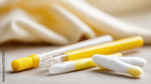 Yellow Writing Tools and Cotton Swabs on Soft Fabric Background