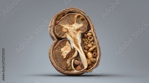 Detailed Cross-Section of a Natural Mushroom with Seeds and Nuts