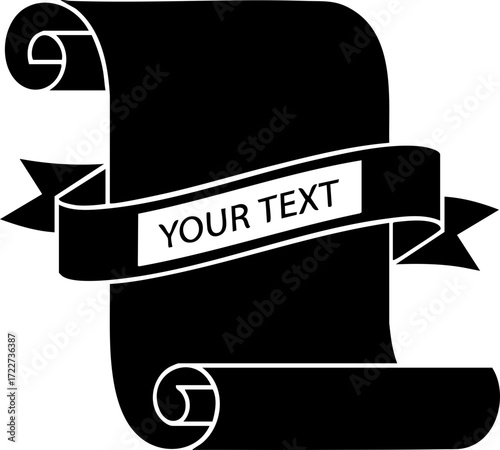 Elegant black scroll banner with customizable "YOUR TEXT" ribbon, perfect for formal announcements, awards, or historical themes.