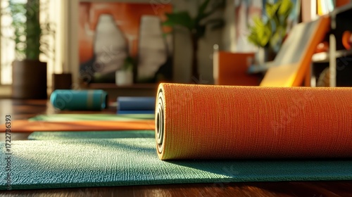 Yoga Mat in Inviting Studio Setting with Natural Light and Plants