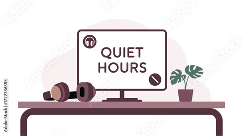 Quiet Hours Concept with Headphones, Screen Displaying Quiet Hours Message, Plant on Table, and Muted Tone Color Palette, Ideal for Productivity Themes