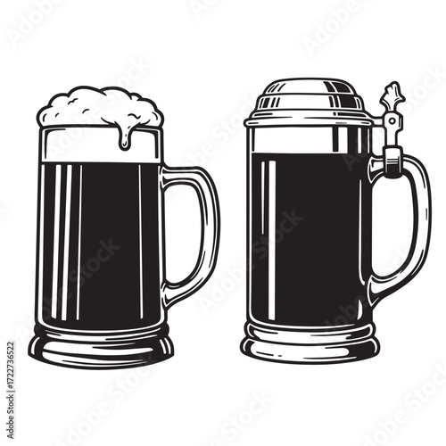 Classic german beer mugs with foamy beer and lid detailed black and white illustrations