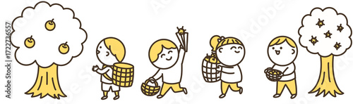 秋の果物狩りの子供たち