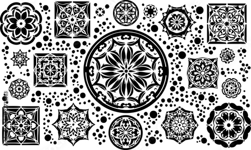 Intricate black and white mandala patterns and geometric shapes create a visually stunning and modern artistic composition perfect for design projects.