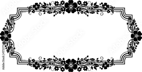 Elegant black floral ornamental frame design perfect for invitations, stationery, and decorative projects creating a vintage, sophisticated feel.