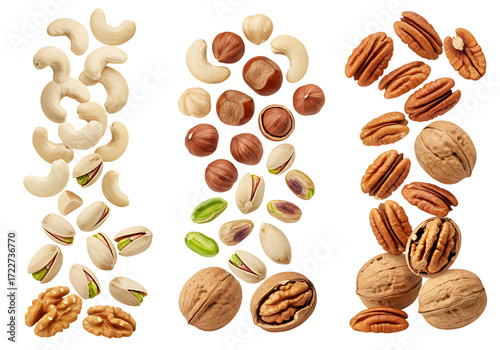 Selection of nuts isolated on transparent background, including cashews, hazelnuts, pistachios, walnuts, and pecans, arranged in vertical format