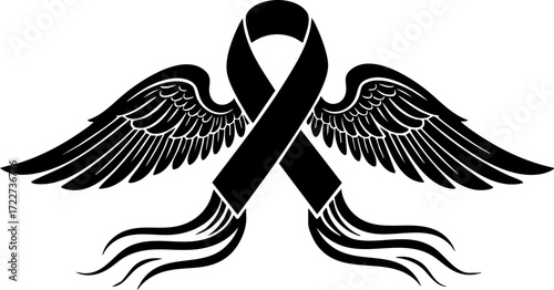 Symbol of remembrance and loss a black ribbon with elegant angel wings and flowing streamers conveying deep sorrow and eternal peace