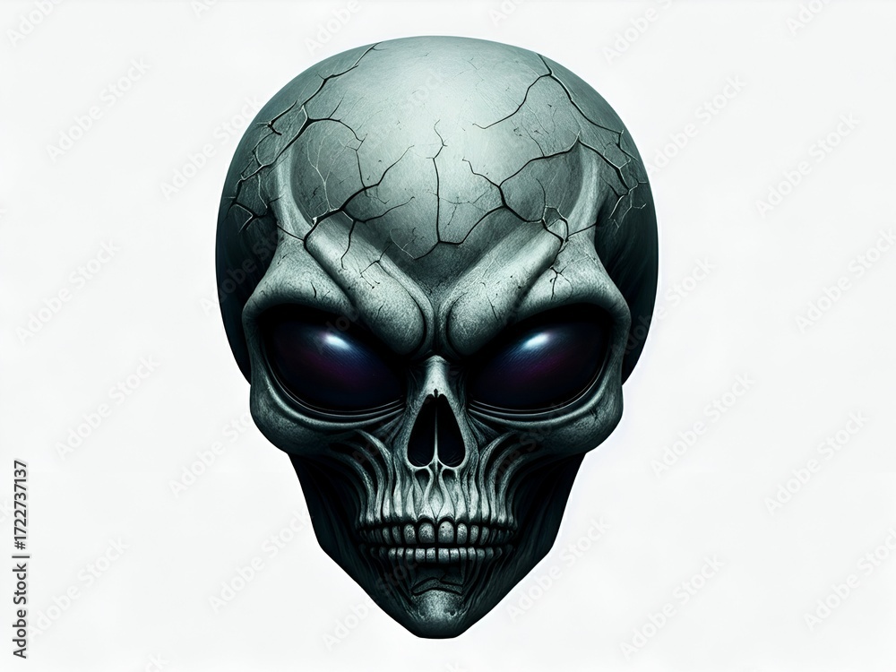 Fototapeta premium Eerie Cracked Alien Skull with Glowing Eyes on a Plain White Background, a Sci-Fi Concept