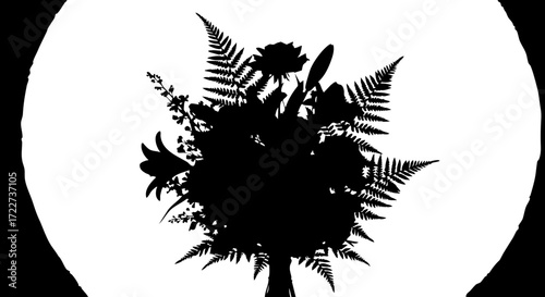 Elegant silhouette of a lush floral bouquet featuring lilies, roses, and ferns, perfect for timeless design and natural beauty themes.