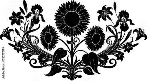 Elegant floral silhouette design featuring sunflowers and irises, perfect for sophisticated branding and decorative accents.