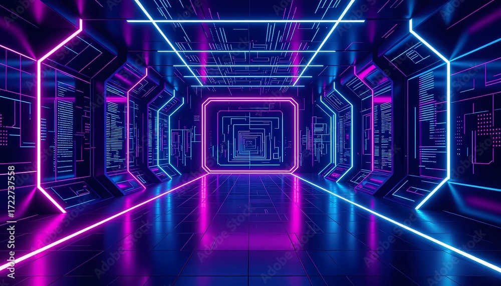 Fototapeta premium Abstract virtual tunnel and technology background with pink and blue lights for modern design