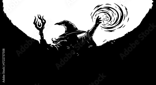 Mystical wizard conjures swirling energy with glowing staff, evoking fantasy and ancient magic for epic storytelling and design projects.