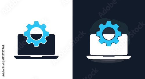 Modern laptop with gear icon symbolizing technology and settings on light and dark modes