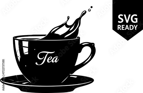 Dynamic black tea cup with splashing liquid creates a vibrant, energetic beverage moment perfect for cafe branding and modern kitchens.