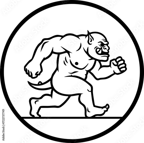 Dynamic cartoon ogre running with determination in a bold monochrome graphic, perfect for gaming or fantasy themes