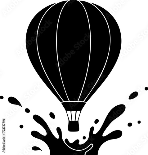 Dynamic hot air balloon emerges triumphantly from a splash of liquid, symbolizing adventure and bold new beginnings for innovative ventures.