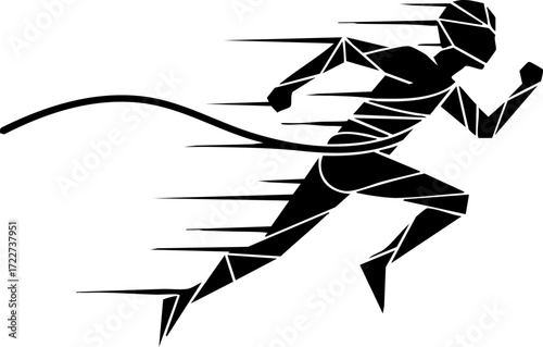 Dynamic runner breaking through finish line with abstract motion lines, capturing speed, victory, and athletic achievement for modern sports branding and design