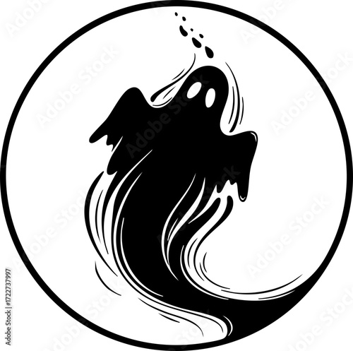 Spooky silhouette of a friendly ghost with wispy trails, perfect for Halloween decorations and whimsical designs.