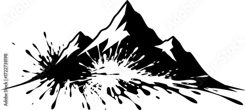 Dynamic mountain peaks erupting with vibrant abstract ink splashes creating a powerful, artistic landscape for adventure and exploration themes.