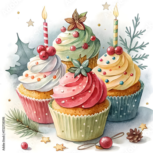 Watercolor clipart of festive cupcakes with holiday toppings, isolated on white background