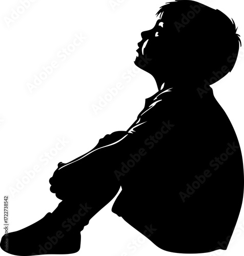 Young child silhouetted looking upwards, contemplating dreams and future possibilities with innocent wonder and hope