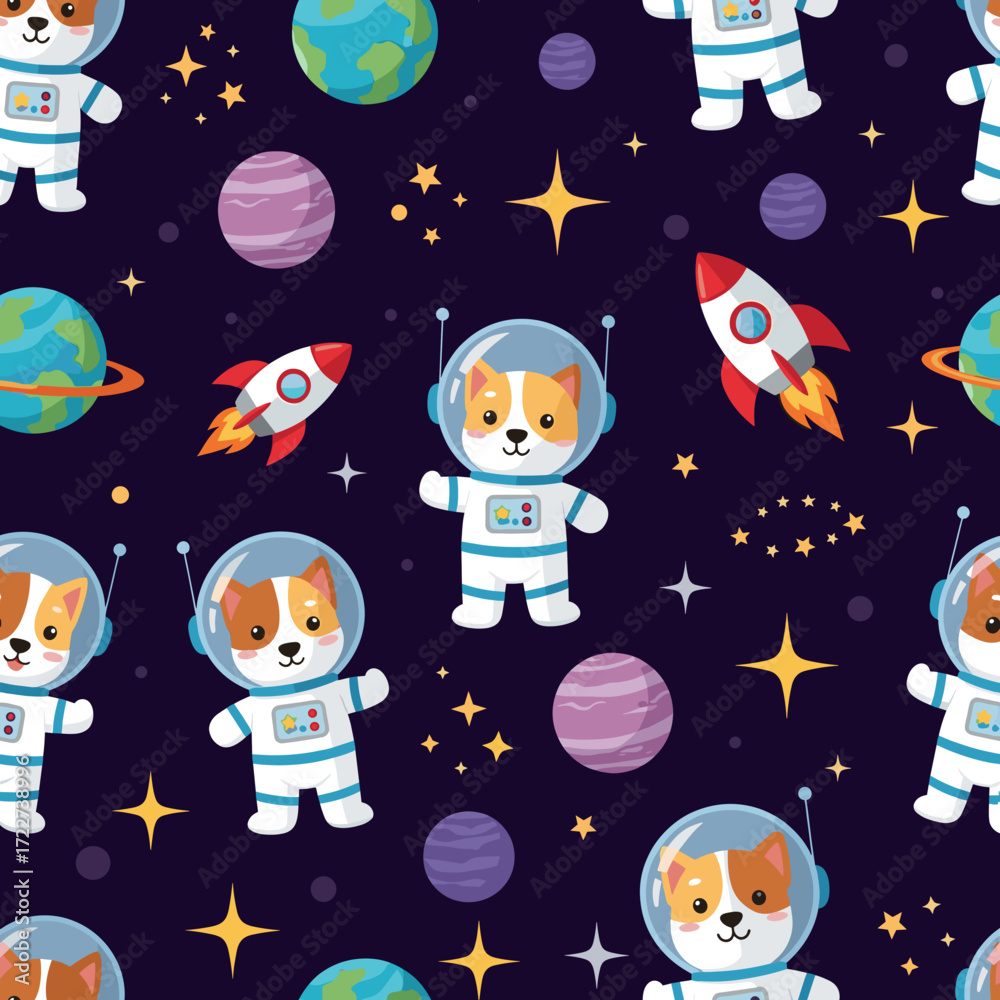 Fototapeta premium Cute cartoon astronaut dogs rockets and planets in a fun space pattern Perfect for kids designs