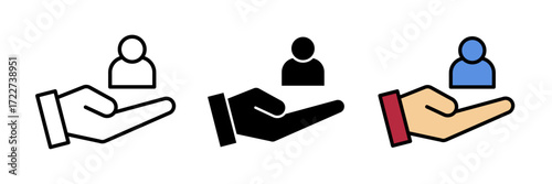 Customer retention icon Customer care service. Customer with hand icon. Stroke, filled and colored concept for web design.