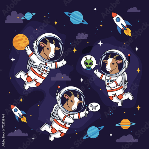 Three cartoon goats in astronaut suits floating happily in a whimsical outer space adventure