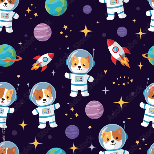 Cute cartoon astronaut dogs rockets and planets in a fun space pattern Perfect for kids designs