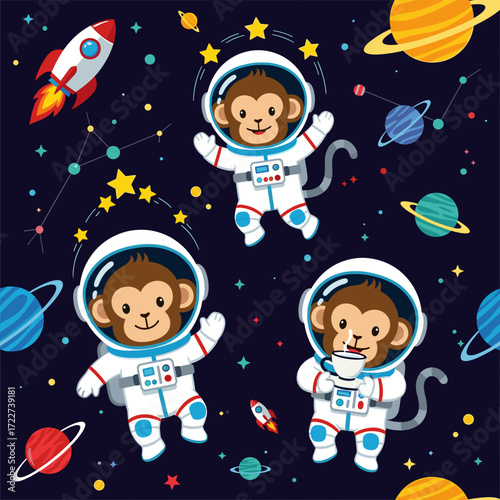 Three playful astronaut monkeys explore outer space with rockets and planets inspiring curiosity and adventure