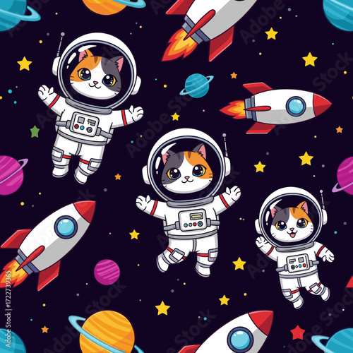 Cute astronaut cats rockets planets and stars create a playful space pattern for kids designs