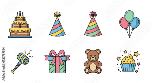 Birthday party icon set and celebration elements, flat design, set of icons