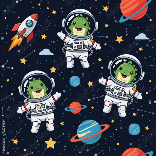 Cute dinosaur astronauts exploring outer space with rocket and planets Fun childhood adventure pattern
