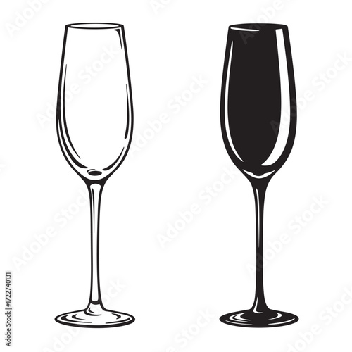 Elegant vector illustrations of champagne flutes in outlined and solid black styles