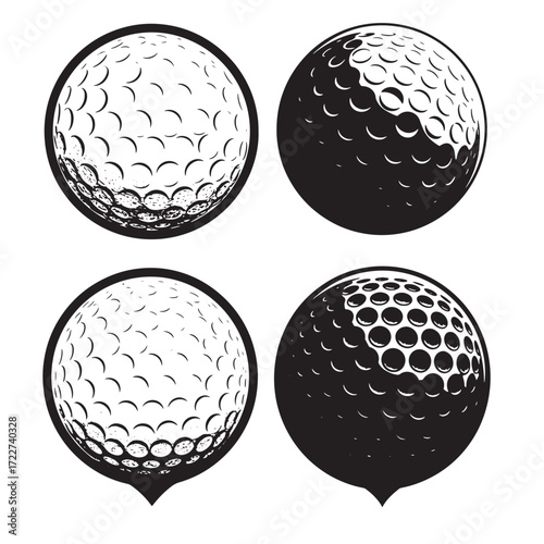 Four detailed black and white golf ball illustrations on white background for design