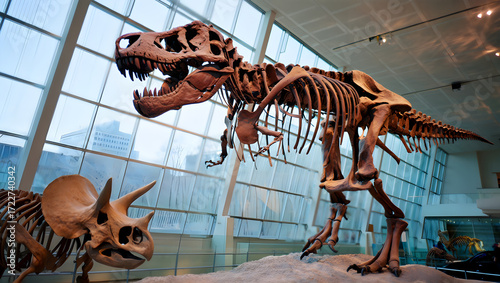 Tyrannosaurus rex and triceratops skeletons in museum display