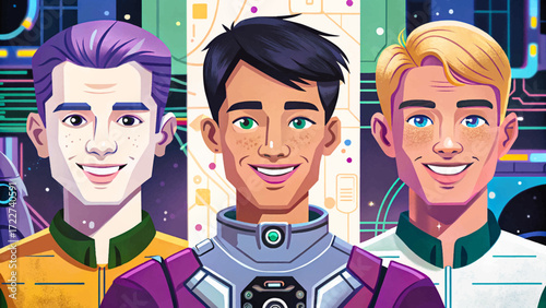 male and female AI engineers with futuristic devices set vector, coding holograms, artificial intelligence technology staff illustration