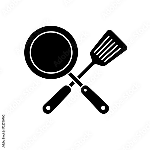 Minimalistic black silhouette of frying pan and slotted spatula crossed