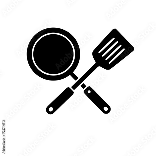 Minimalistic black silhouette of frying pan and slotted spatula crossed