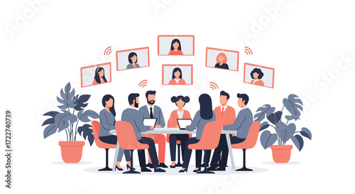 Virtual Team Meeting Group of Business Professionals Collaborating Online with Remote Participants for Strategic Planning and Decision Making, Fostering Communication and Productivity