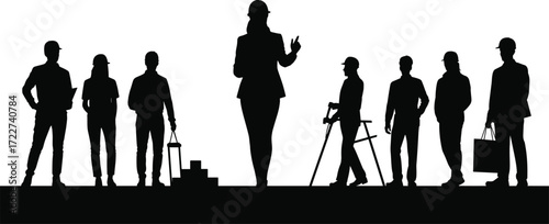 construction professionals silhouettes teamwork engineers architects builders workers project site meeting group discussion civil engineering collaboration urban planning building industry teamwork