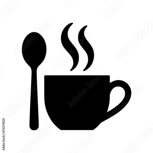Minimalistic black silhouette of a steaming hot beverage cup with spoon