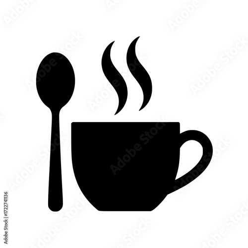 Minimalistic black silhouette of a steaming hot beverage cup with spoon