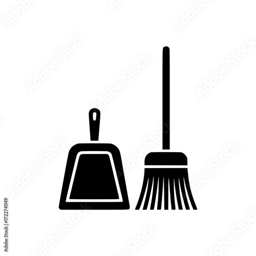Minimalistic black silhouette of broom and dustpan